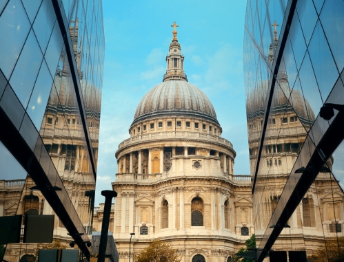 modern buildings with historic vista stop